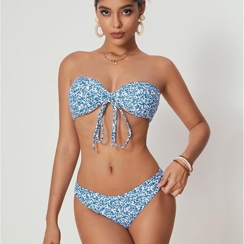WDIRARA Women's 2 Piece Bandeau Floral Swimsuit Size Medium NWOT